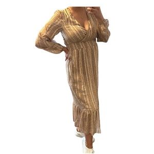Japna, Gold, Midi Dress, Satin, Leopard Print, Long Sleeve, Medium